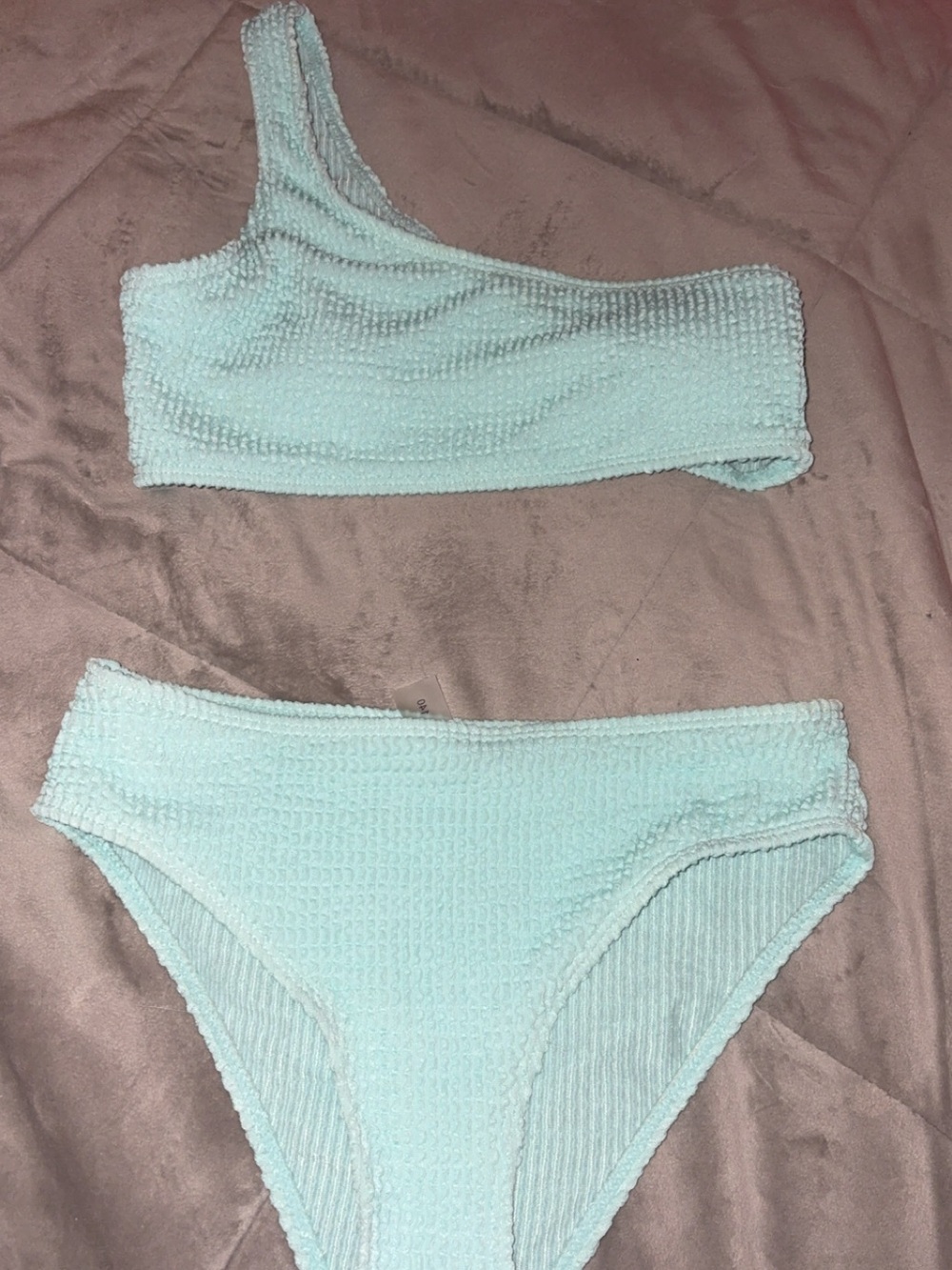 SHEIN Light Blue Textured One-Shoulder Kids Bikini Set